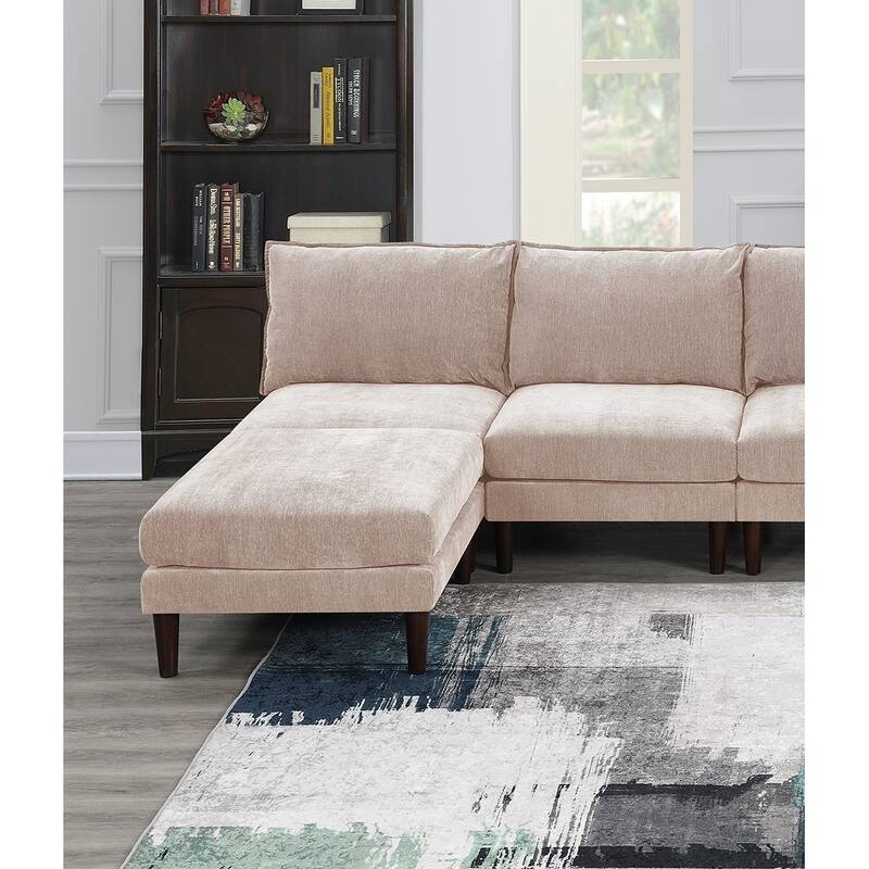 6pcs Modular Set: 4 Armless Chairs, 2 Ottomans, Pink Fabric Couch, 114x60x31 inches, 200 pounds