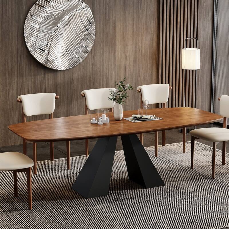 86" Mid Century Modern Dining Table, Brown Solid Wood Tabletop with Black Stainless Steel Legs, Retangular DiningTable for 8-10