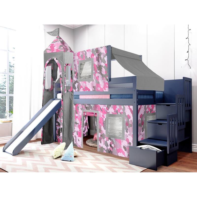 JACKPOT Prince & Princess Low Loft Twin Bed, Stairs Slide Tent & Tower - Blue with Pink Camo Tent