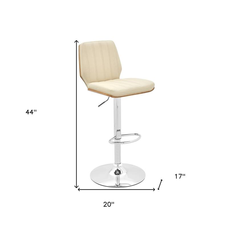 Cream Faux Leather Swivel Bar Chair with Chrome Steel Frame and Adjustable Height - 20” D x 17” W x 44” H