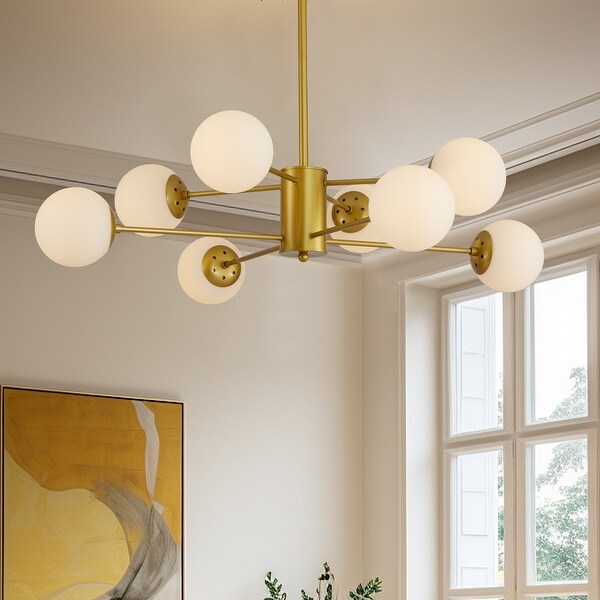Modern 8 Light Gold Chandelier with White Glass Globe Shades for Dining Room Living Room or Bedroom Bulbs Not Included