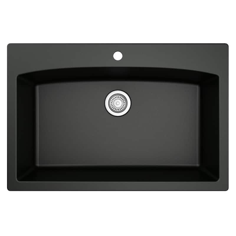 Karran All in One Drop-In Quartz Composite 33 in. Single Bowl Kitchen Sink in Black with Faucet KKF220 in Stainless Steel