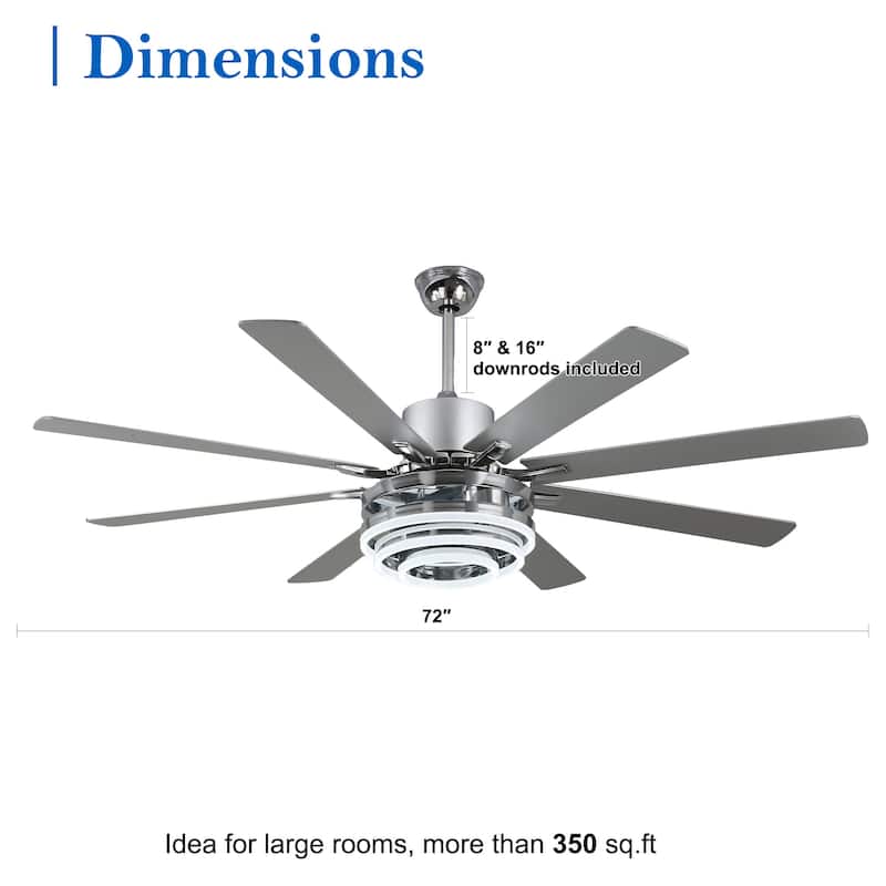 CurveCurio 72" Modern Large Ceiling Fan w LED Light, 8 Wood Blades and Quiet DC Reversiable Motor w 6 Speeds, Remote Control