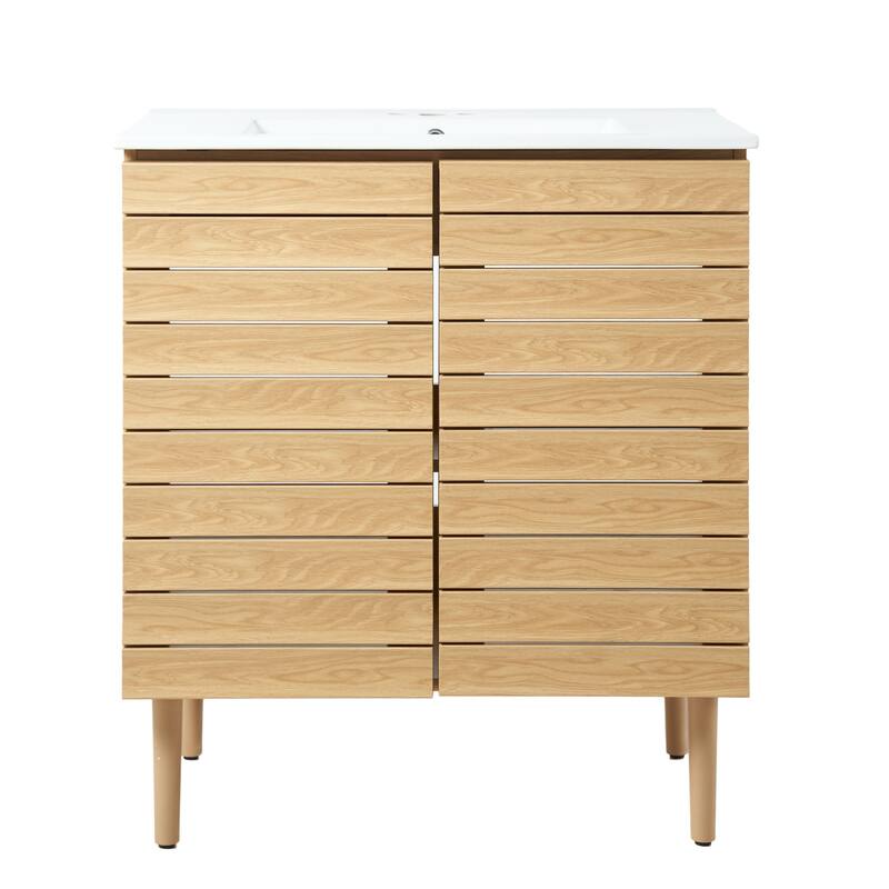 Calandre Thick Linear Slat Modern Farmhouse 2-Shelf Bath Vanity Cabinet Only (Sink Basin not Included), by JONATHAN Y - 30 in. - Oak