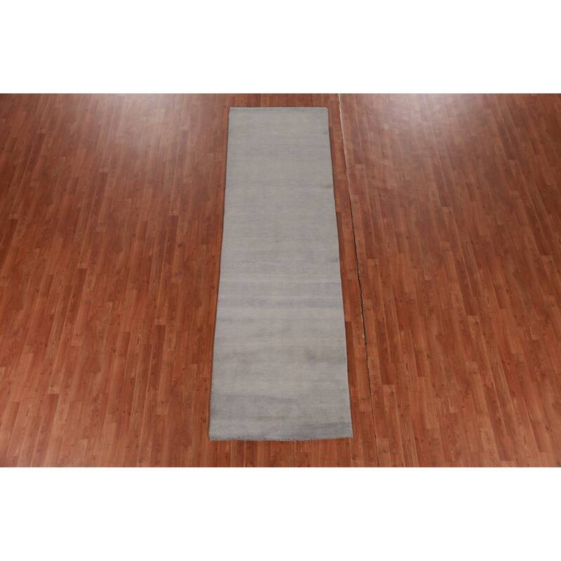 Hand Knotted Oriental 100% Wool Carpet Modern Solid Greys & Charcoal Gabbeh Runner Rug - 10' 1'' X 3' 0''