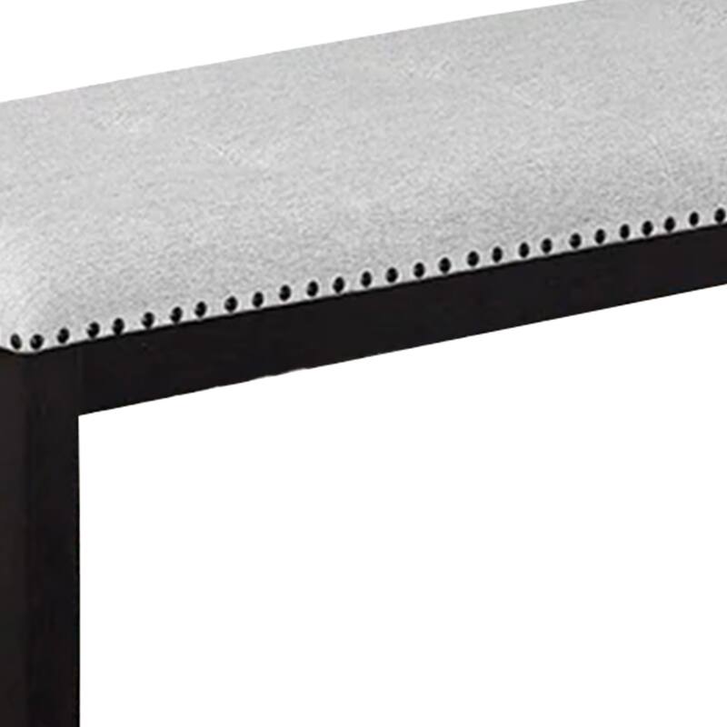 Amber Dining Bench, Gray Fabric Seat w Nailheads, Black Wood, 48 Inch