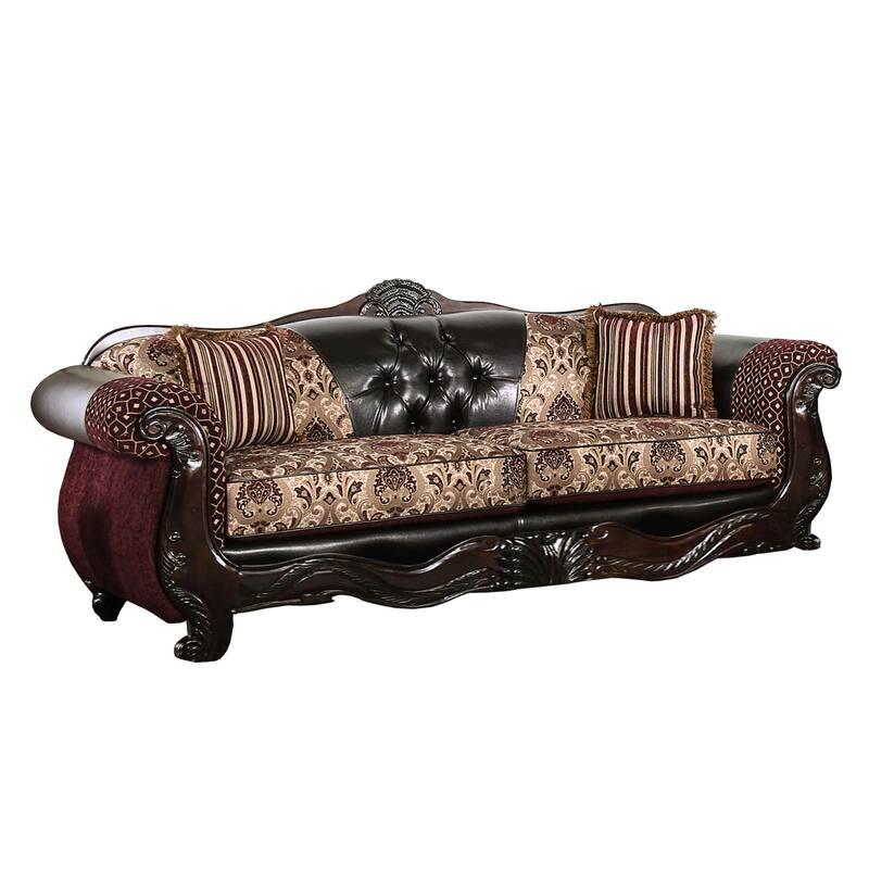 Traditional Wooden Sofa with Button Tufted Backrest, Red and Brown