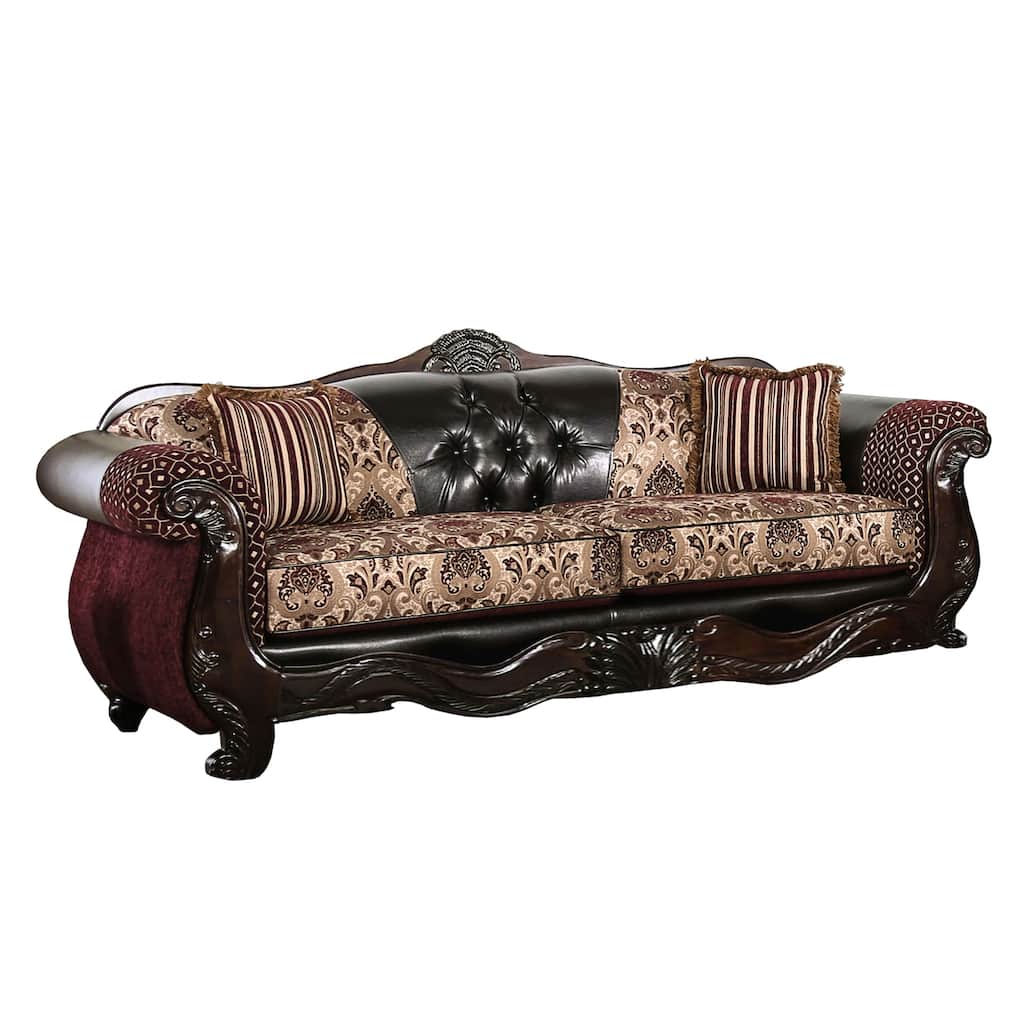 Traditional Wooden Sofa with Button Tufted Backrest, Red and Brown