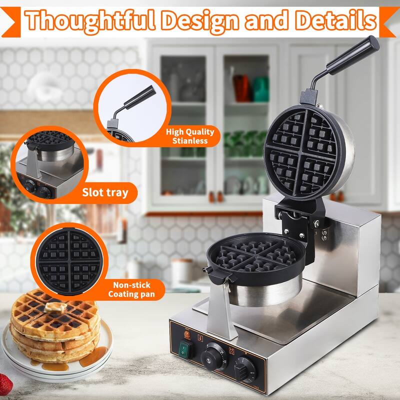 1200W Rotatable Commercial Round Waffle Maker with Temp and Time Control