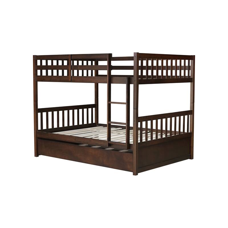 Roomfitters Full Over Full Rubber Wood Bunk Bed with Trundle, Convertible Design, Ladder and Safety Guardrails, Espresso