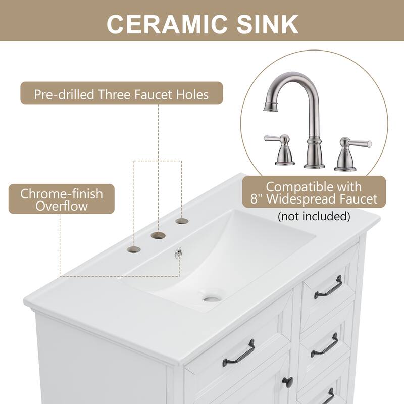 36'' Bathroom Vanity with Ceramic Sink, Solid Wood Frame Modern Storage Cabinet with Tip-Out Drawer & Soft Closing Doors
