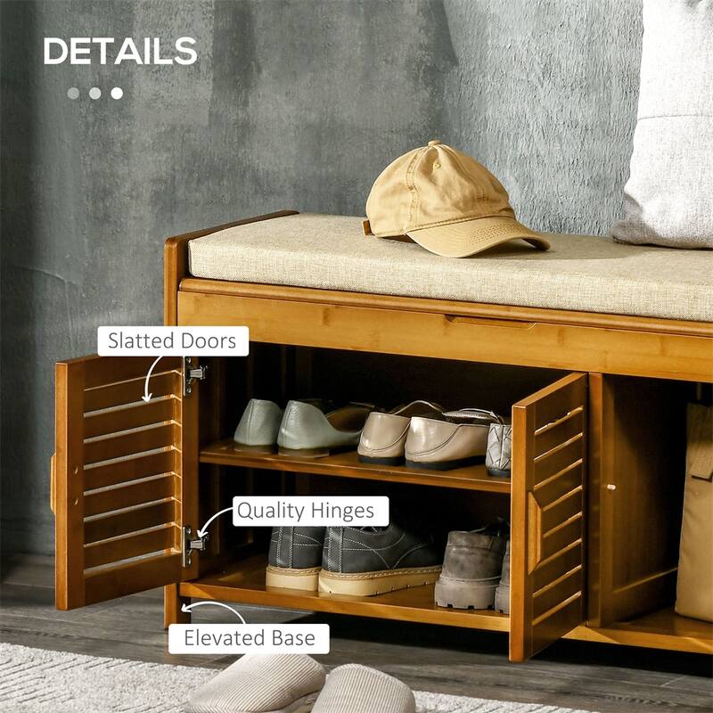 Bamboo Entryway Shoe Bench with Storage Cabinets, Seating Cushion