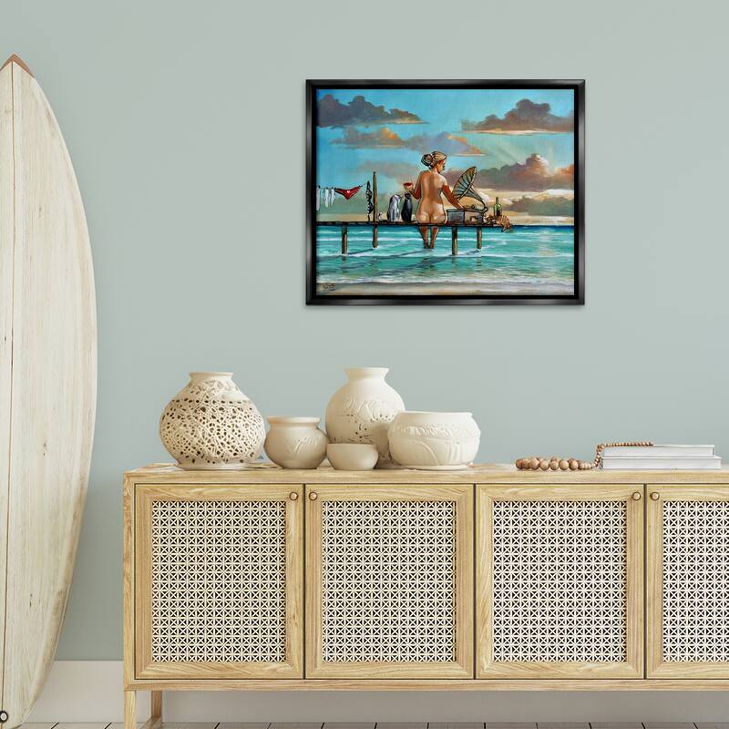 Stupell Woman & Cats Beach Sunset Framed Floater Canvas Wall Art Design By Ronald West