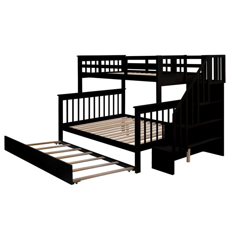Twin-Over-Full Bunk Bed with Trundle, Storage, and Guard Rail for Bedroom or Dorm