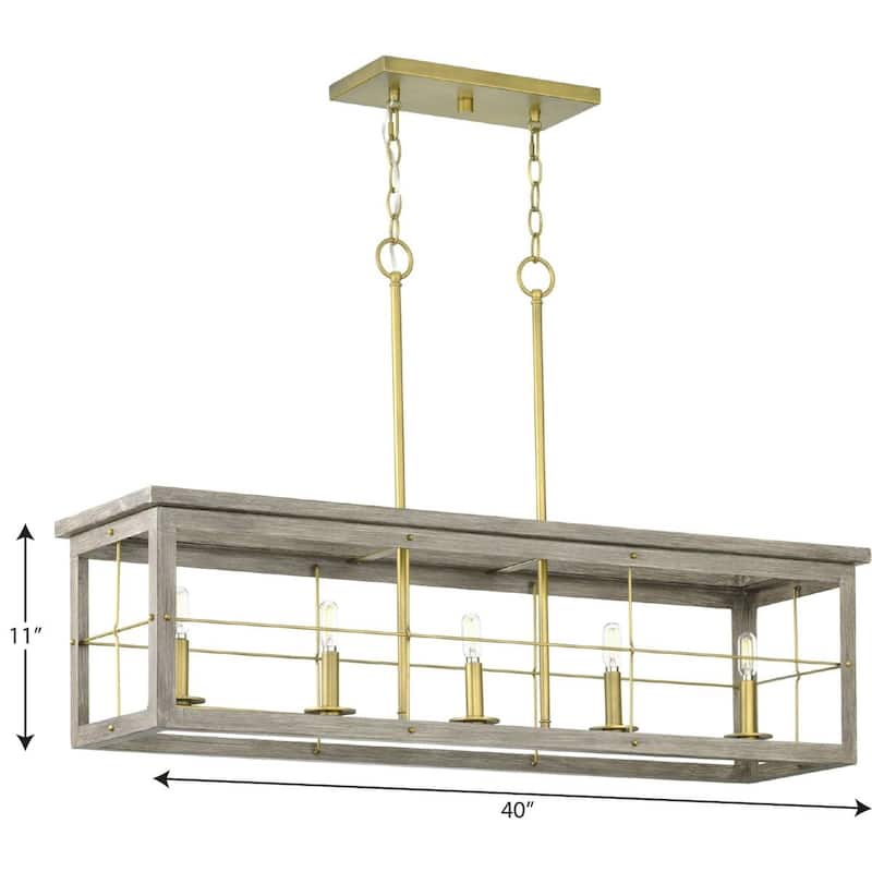 Hedgerow Collection Five-Light Distressed Brass and Aged Oak Farmhouse Style Linear Island Chandelier Light