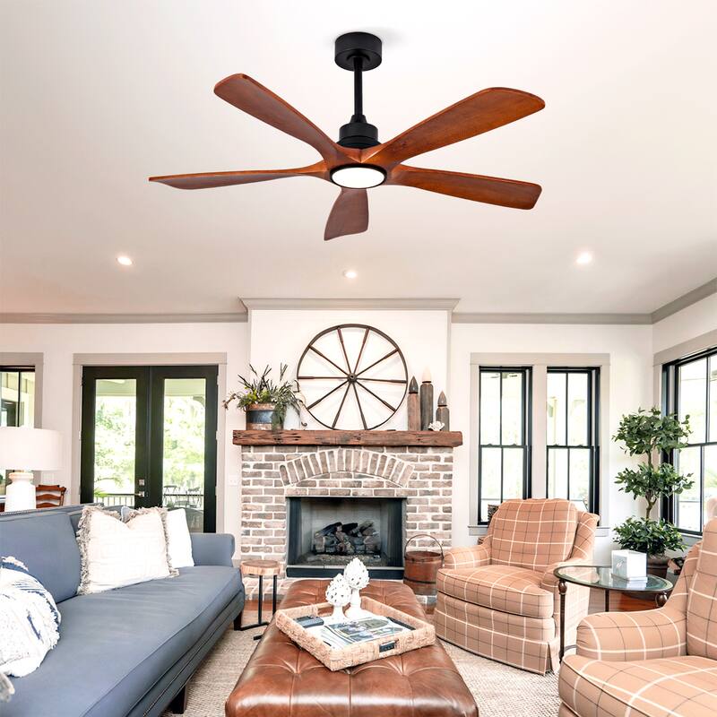 52 Inch Outdoor Ceiling Fan for Patios with Light, 5 Solid Wood Blades, Modern Noiseless Reversible DC Motor - Black
