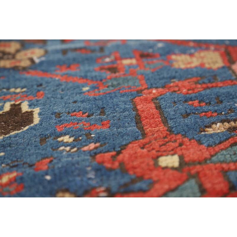 Hand Knotted Oriental 100% Wool Carpet Traditional Geometric Navy Blue & Blues Heriz Area Rug - 8' 5'' X 7' 11''