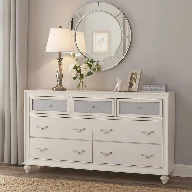 Dresser with 7 Drawers and Glitter Acrylic Front, White