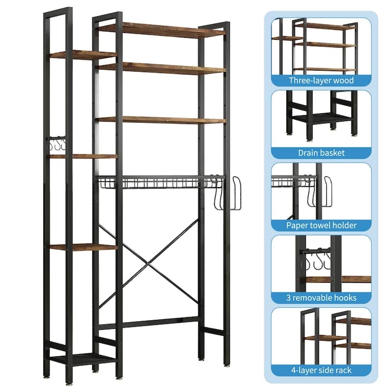 Sofucor 8-Tier Over The Toilet Storage with Side Rack,Adjustable Shelf & Drain Basket,Bathroom Organizer for Balcony,Laundry