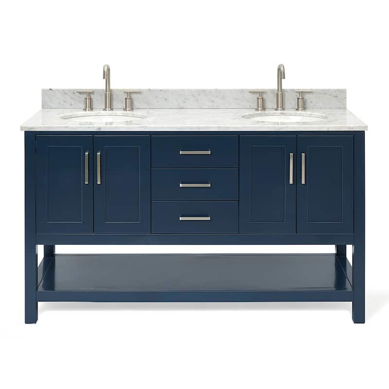 Ariel S061DCW2OVO Magnolia 60" Free Standing Double Basin Vanity Set - Midnight Blue / Carrara White Top - Painted