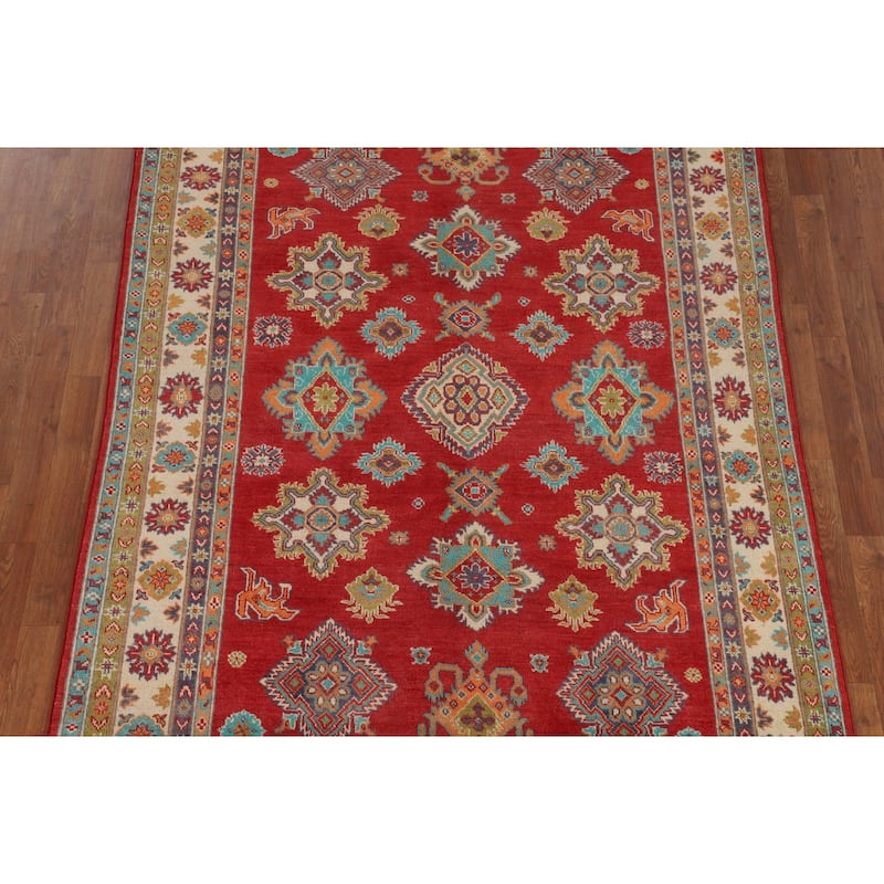 Red Geometric Kazak Area Rug Handmade Traditional Wool Carpet - 5'6" x 7'9"