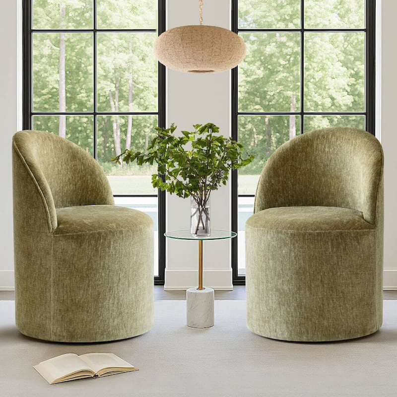 Chenille Upholstered Dining Chair with Wheels (Set of 2)