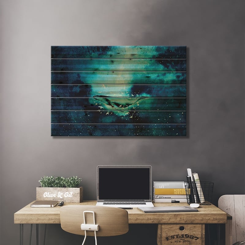 Whale And Birds Print On Wood by Karli Perold - Multi-Color