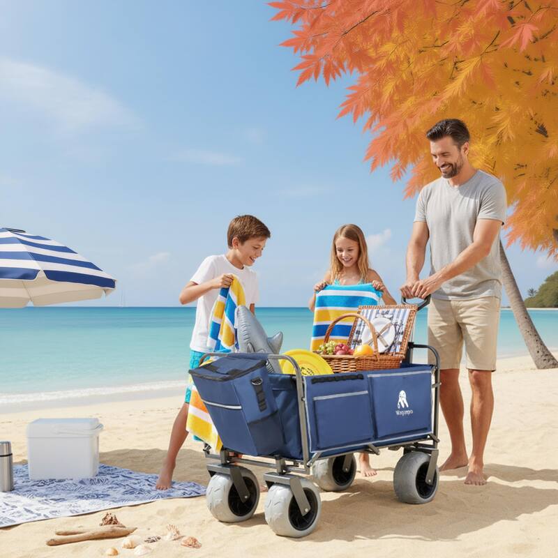 Heavy-Duty Beach Wagon with 9" Pneumatic Tires - 500lb Capacity All-Terrain Steel Cart, Dark Blue