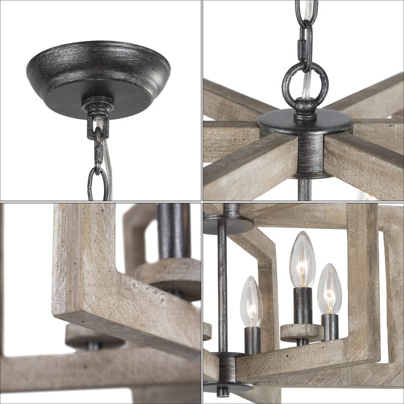 Loby Farmhouse Rustic 6-light Geometrical Lantern Wood Chandelier for Foyer - D20" x H13"