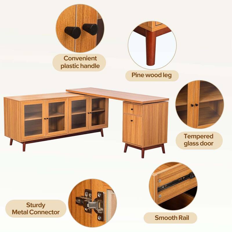 Modern L-shaped Executive Desk with delicate tempered glass Cabinet Storage