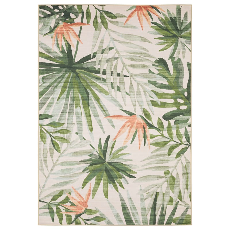 Style Haven Flores Tropical Palms Beige/Green Indoor-Outdoor Washable Rug - 2' x 8'