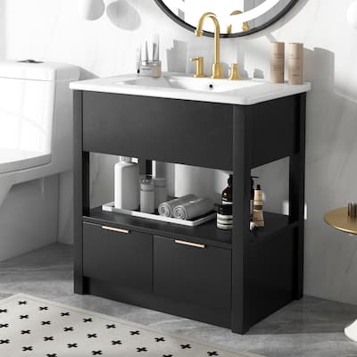 30" Bathroom Vanity with Sink Top, Bathroom Cabinet with Open Storage Shelf and Two Drawers