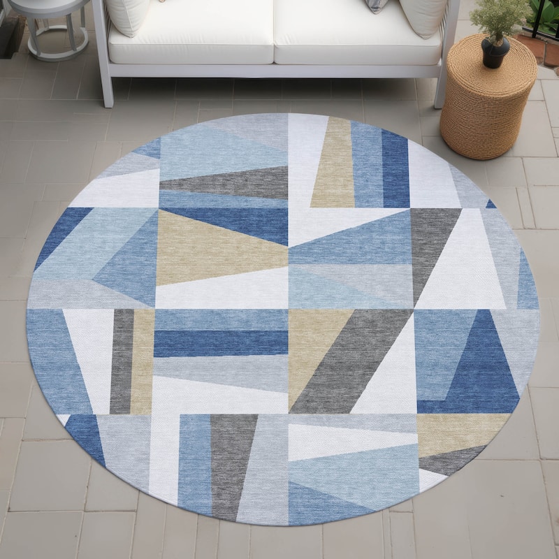 Machine Washable Indoor/ Outdoor Contemporry Mosaic Chantille Rug - Blue - 8' x 8'