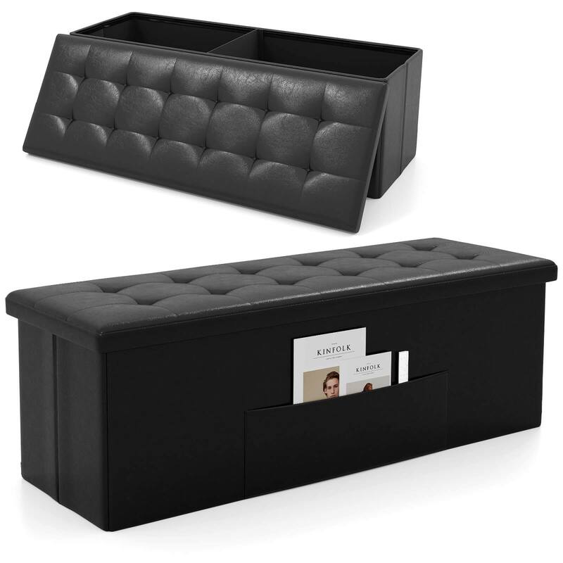 Costway 43 Inches Folding Storage Ottoman Bench with Side Pocket - Black