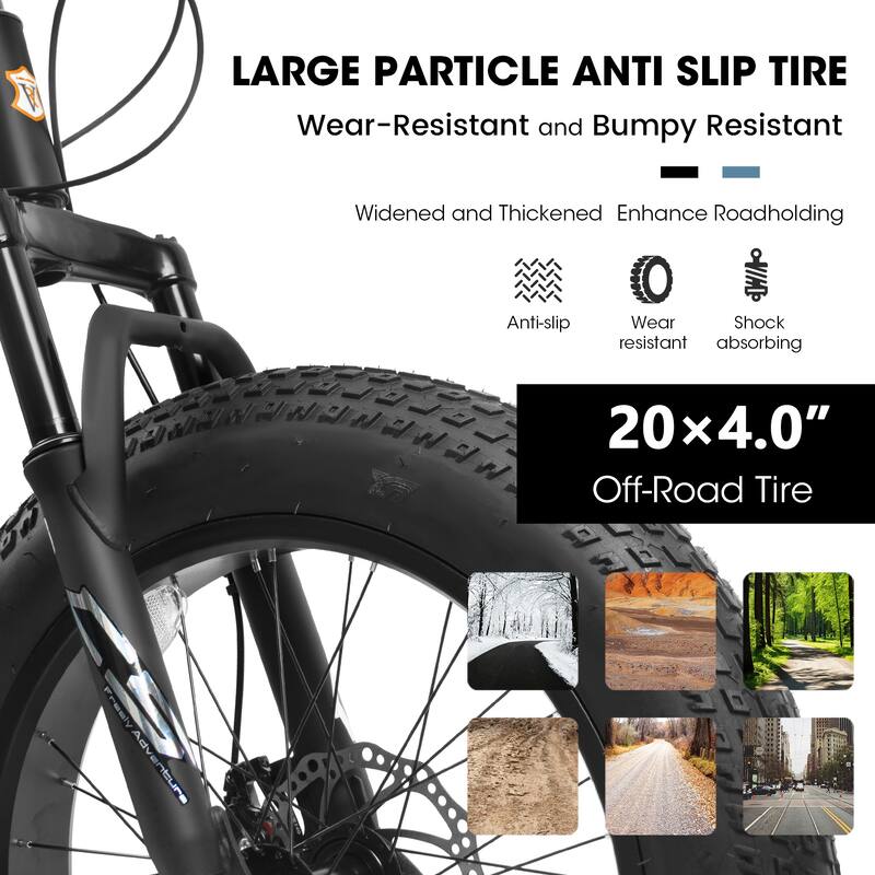 20 Inch Fat Tire Mountain Bike with Dual Disc, High Carbon Steel Shock Absorbing Frame for Mountain and City