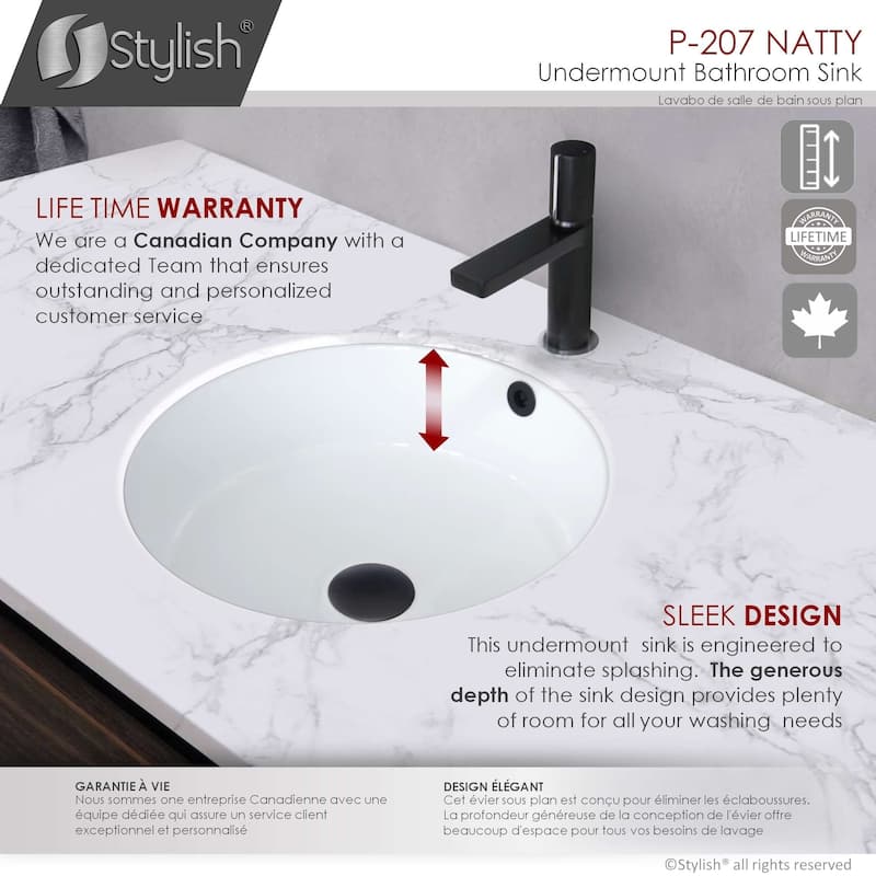 STYLISH 16 inches Round Undermount Ceramic Bathroom Sink with 2 Overflow Finishes - 16" x 16" x 7"
