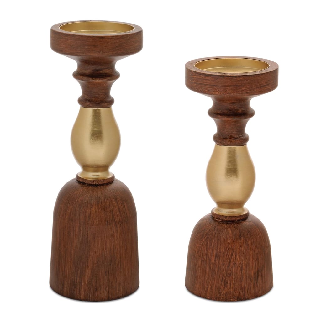 Natural Wood Candle Holder with Metal Accent (Set of 2)