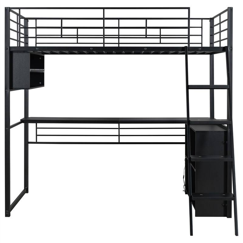 Metal Gaming Loft Bed with LED Light and Bulit-in Desk, Twin/Full Size Loft Bedframe with 4 Storage Shelves and Steps