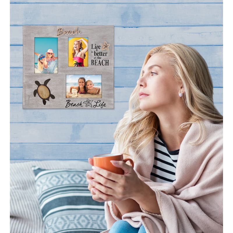 CoTa Global White Distressed Wood Coastal Sea Turtle Multi Photo Frame - 14 inches