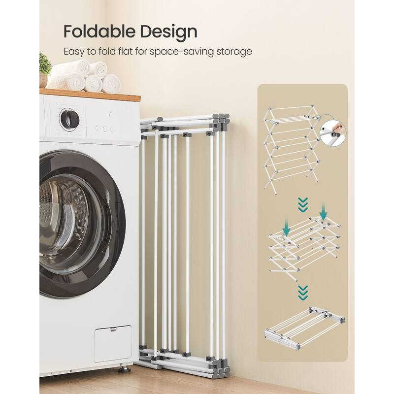 Pearl White Steel Foldable Clothes Drying Rack with 12 Rods for Indoor or Outdoor Use - 14.6"D x 36.6"W x 53.2"H