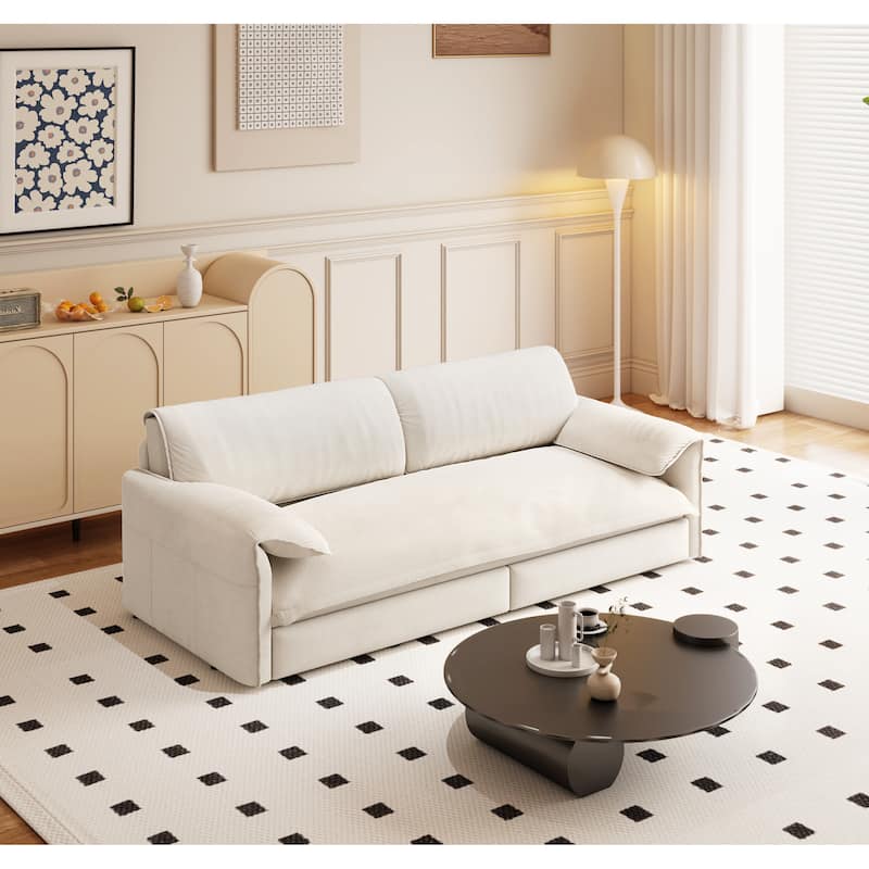 66" Queen Velvet Pull Out Sofa Bed w/ Side Storage Multi-Functional Loveseat Bed for Living Room Office - White