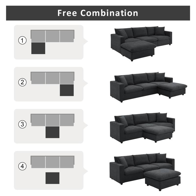 4-Seat Polyester L-Shaped Sectional Sofa with Convertible Ottoman