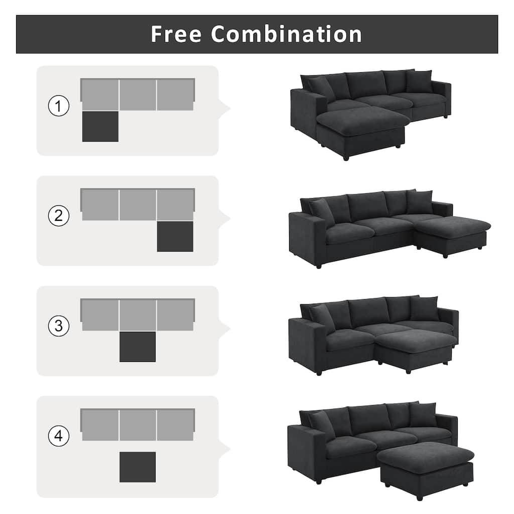 L-shaped Modern Sectional Sofa, 2 Free pillows,Polyester Fabric Couch Set,Ottoman,Black