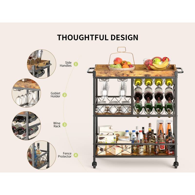 Bar Serving Cart, Bar Cabinet, Mobile Wine Cart with Lockable Wheels