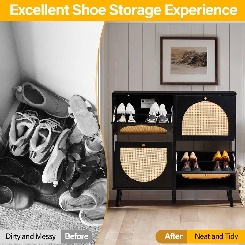 Rattan Shoe Cabinet with 2 / 4 Flip Drawers, Narrow Shoe Storage Cabinet,Organizer for Entryway, Bedroom, Living Room