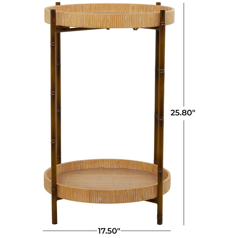 Rattan 2 Tray Shelves Accent Table with Metal Bamboo Inspired Legs - Brown - Roche River Decor - 18"W x 18"L x 26"H