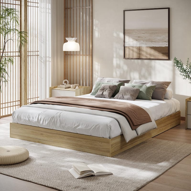 Solid Wood Platform Bed, Floor-Standing Bed Frame with Strong Wooden Slats - Tan - Queen