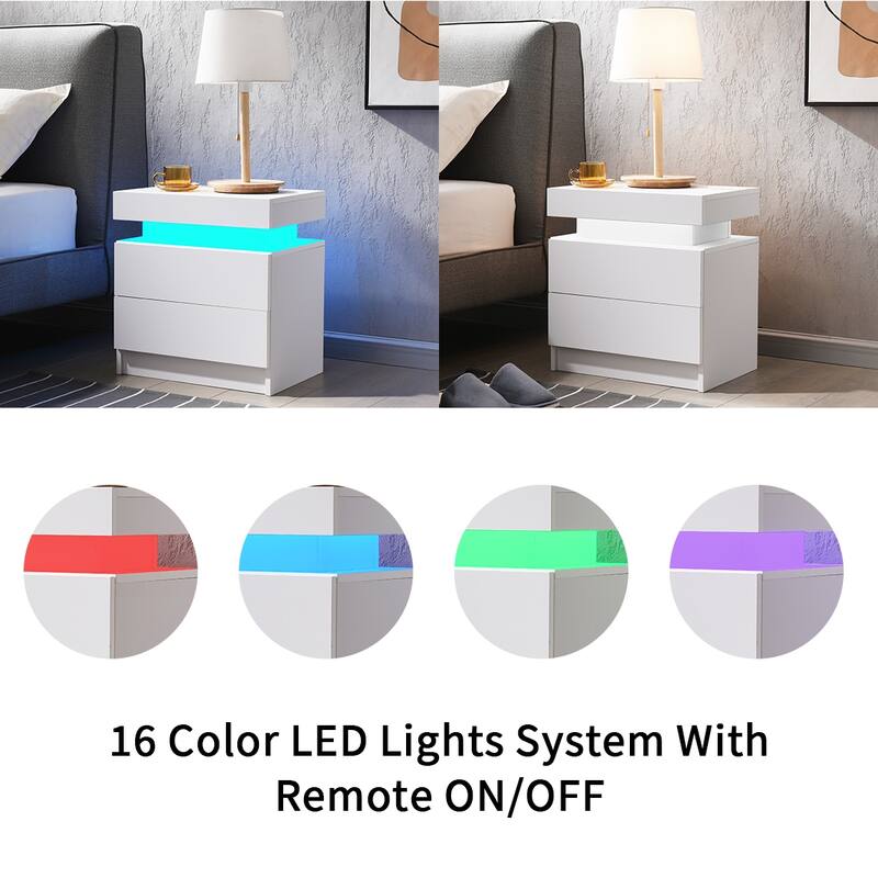 LED Bedside Table with 2 Drawers - Multi-Color Adjustable Lights, Modern White Nightstand for Bedroom & Living Room