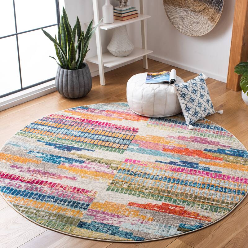 SAFAVIEH Madison Jocelyn Boho Distressed Rug - 6'7" Round - Ivory/Multi