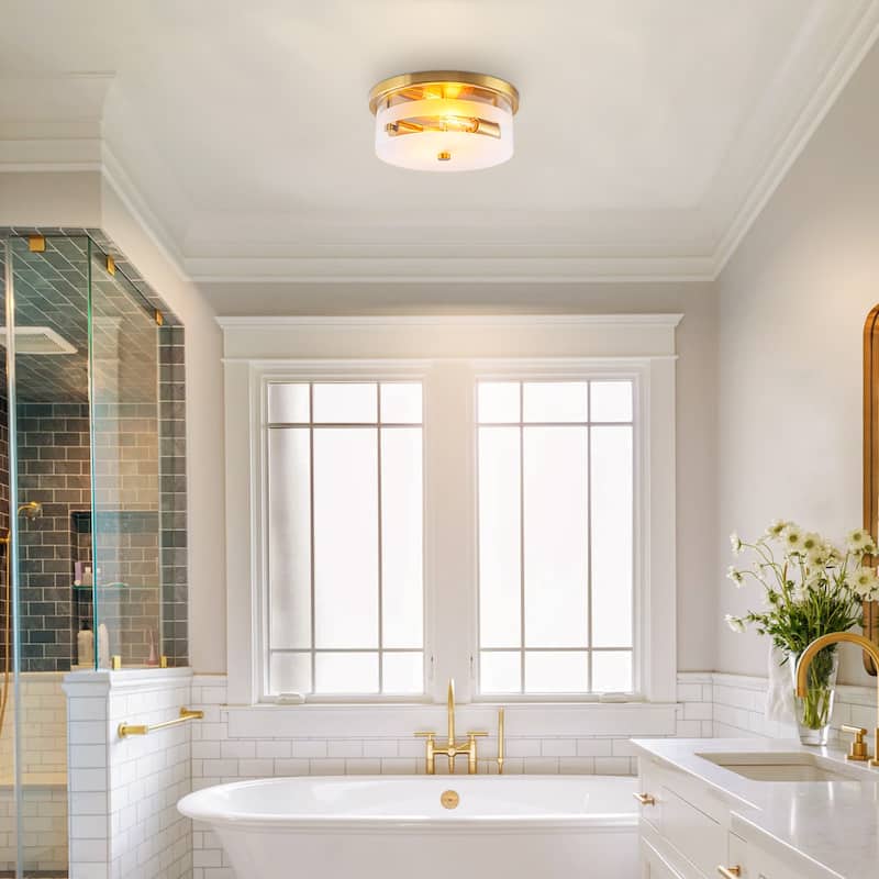 2-Light Modern Industrial Glass & Bronze Metal Ring Ceiling Light for Living Room - 2 Light